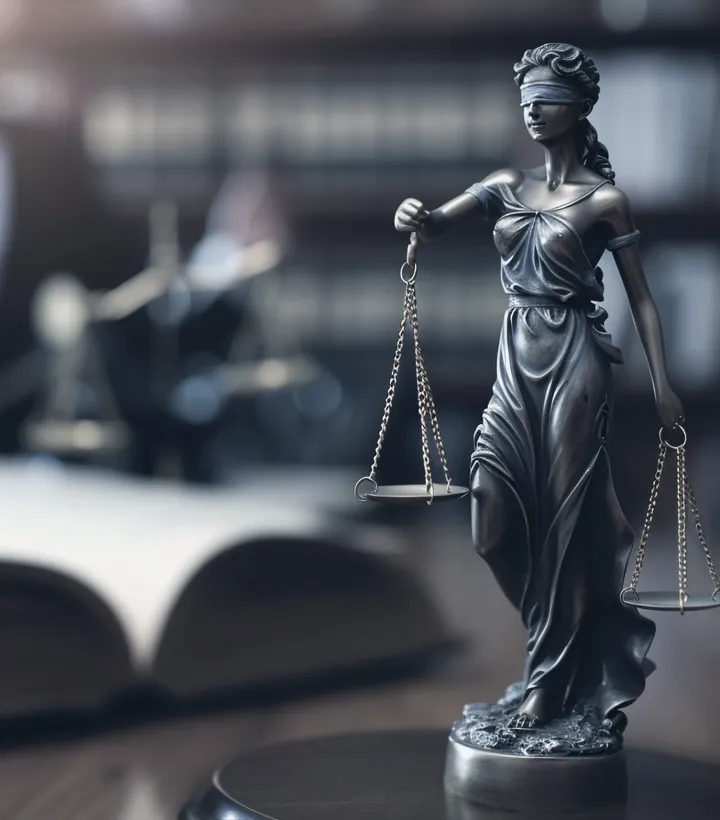 Lady Justice statue on an attorney's desk