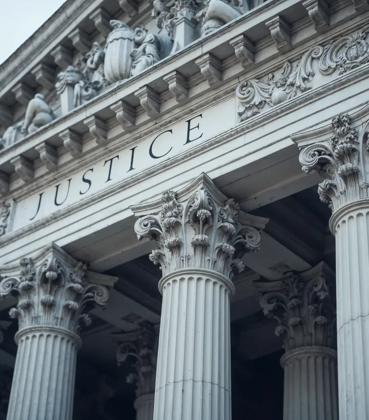 Courthouse facade engraved with the word justice